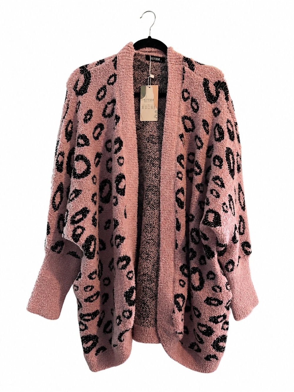 Cozy Pink Leopard Open-Front Cardigan Sweater w/pockets